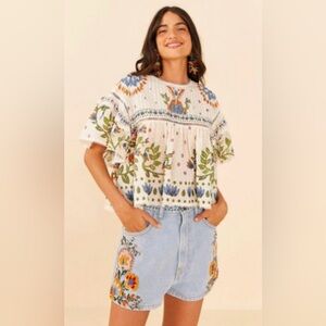 Farm Rio Summer Garden Embroidered denim shorts size 24